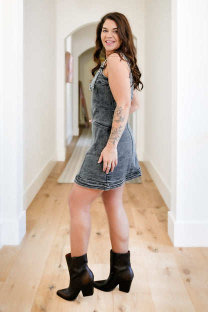 Acid Wash Sleeveless Mini Dress with Buckle Straps