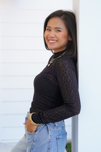 Sheer Lace Long Sleeve Mock Neck Top