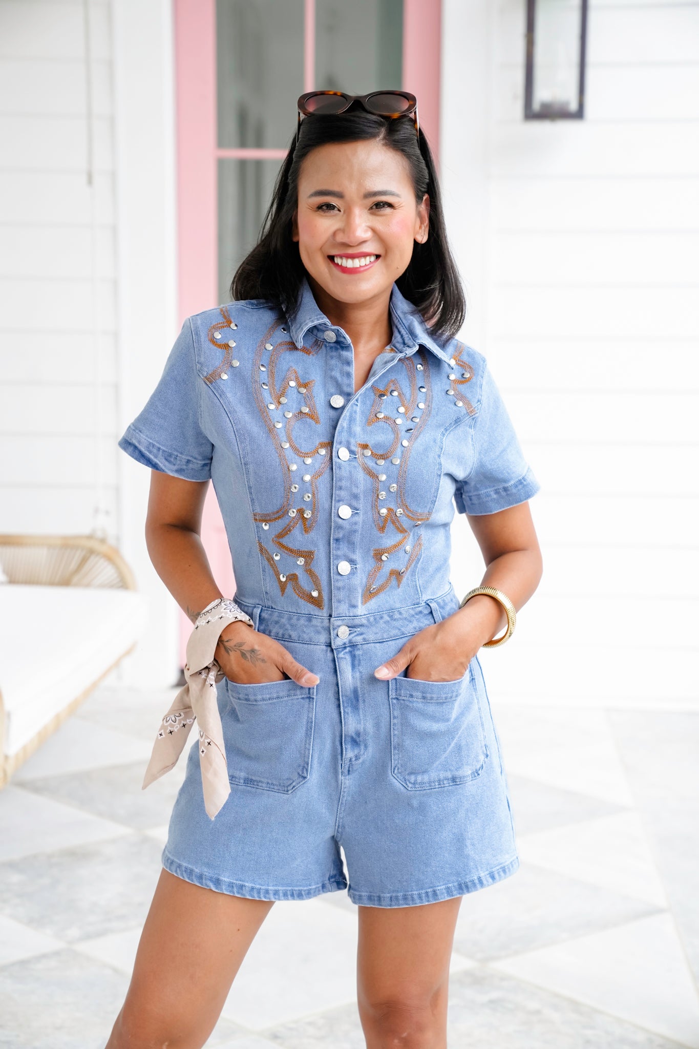 Embroidered Short Sleeve Romper with Stud Detail