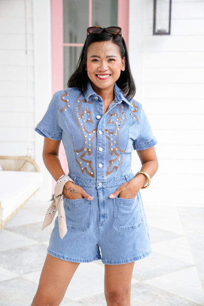 Embroidered Short Sleeve Romper with Stud Detail