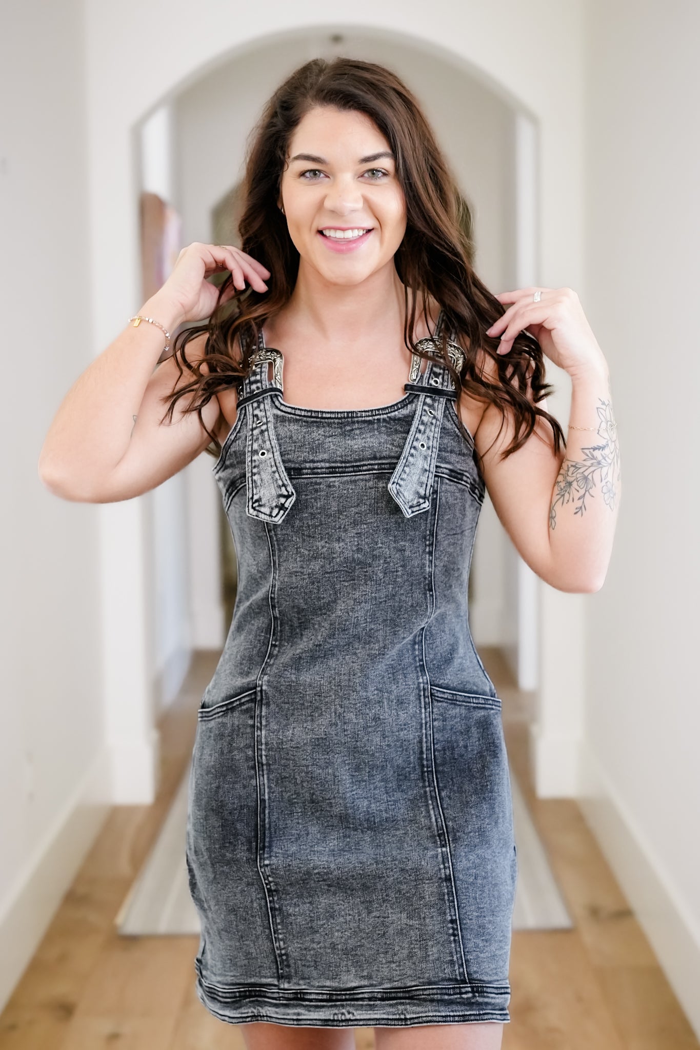 Acid Wash Sleeveless Mini Dress with Buckle Straps