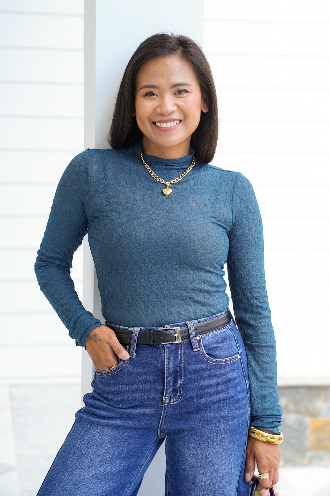Sheer Lace Long Sleeve Mock Neck Top