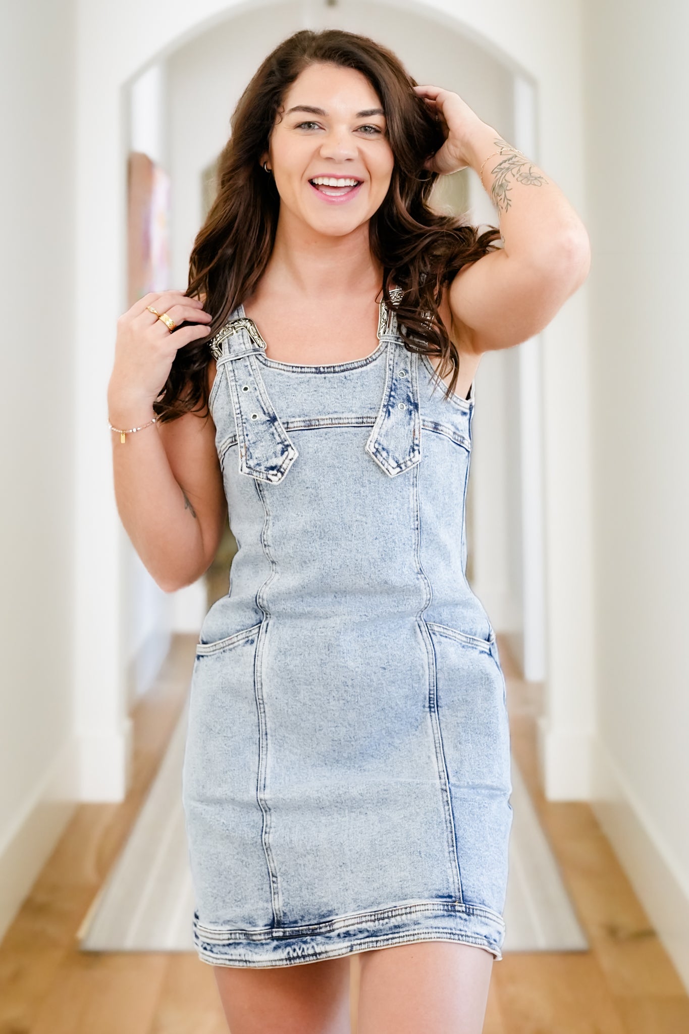 Acid Wash Sleeveless Mini Dress with Buckle Straps Denim / M Acid Wash Sleeveless Mini Dress with Buckle Straps Denim / M