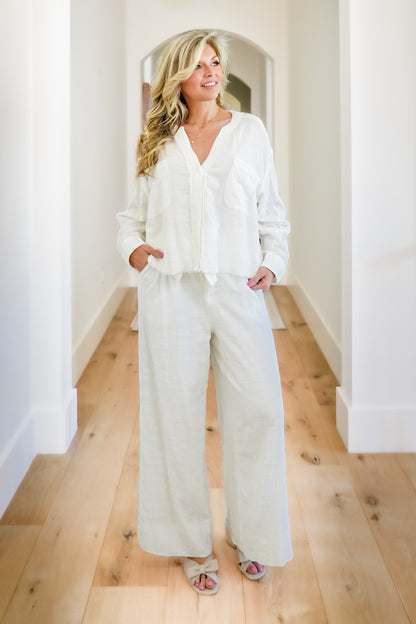 Woven Long Sleeve Button Down Top with Lace Trim