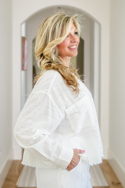 Woven Long Sleeve Button Down Top with Lace Trim