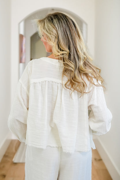 Woven Long Sleeve Button Down Top with Lace Trim