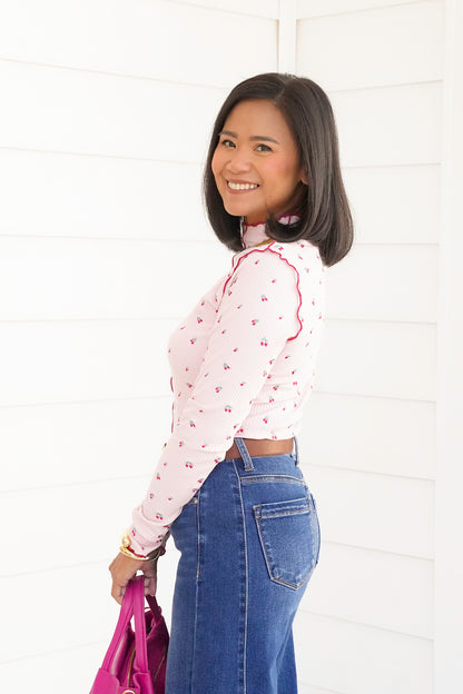 Embroidered Cherry Thermal Long Sleeve Top