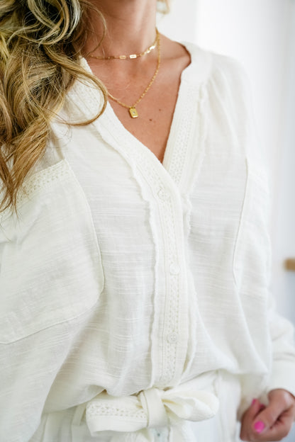 Woven Long Sleeve Button Down Top with Lace Trim