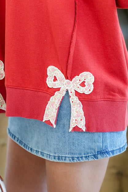 Solid Long Sleeve Round Neck Top with Bow Patches