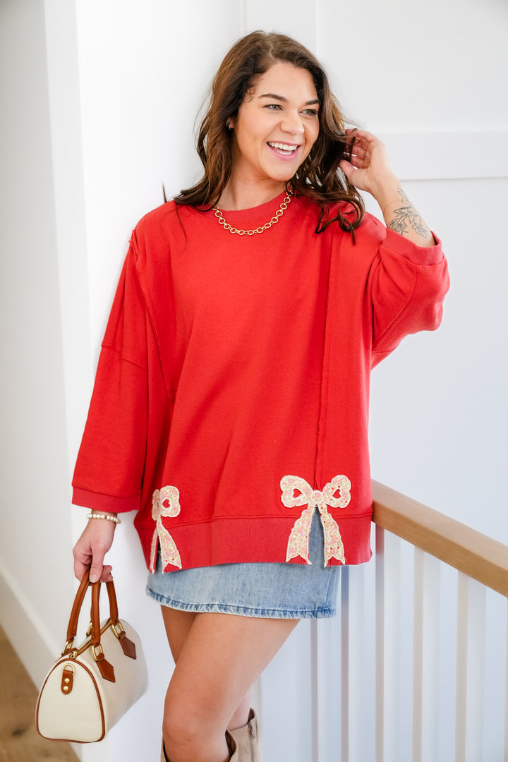Solid Long Sleeve Round Neck Top with Bow Patches