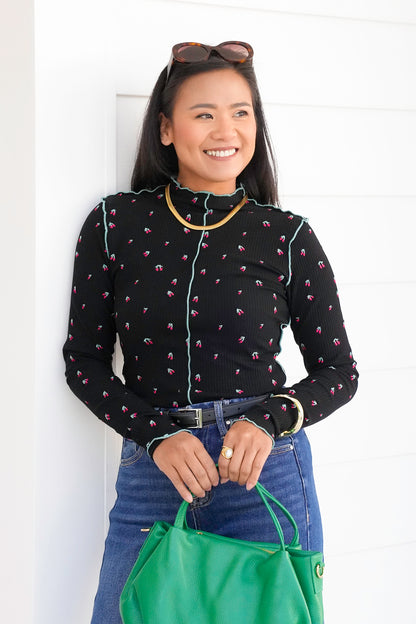 Embroidered Cherry Thermal Long Sleeve Top