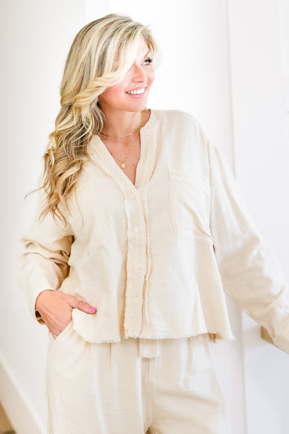 Woven Long Sleeve Button Down Top with Lace Trim