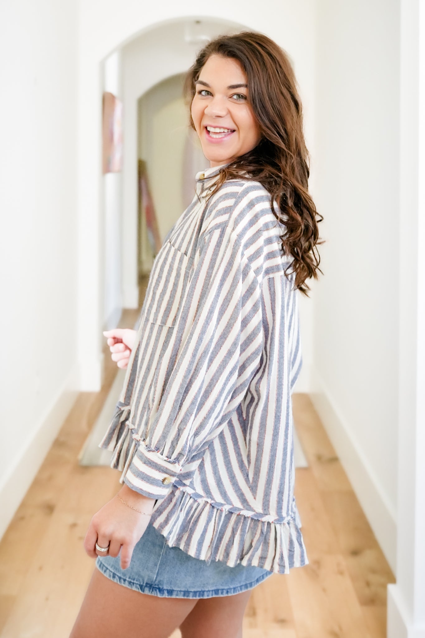 Striped 3/4 Sleeve Button Down Ruffle Top
