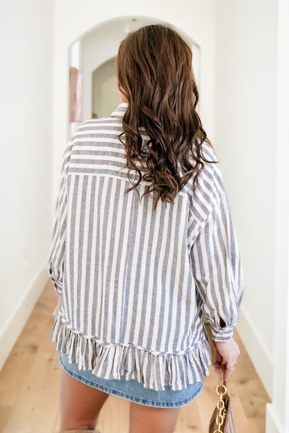Striped 3/4 Sleeve Button Down Ruffle Top