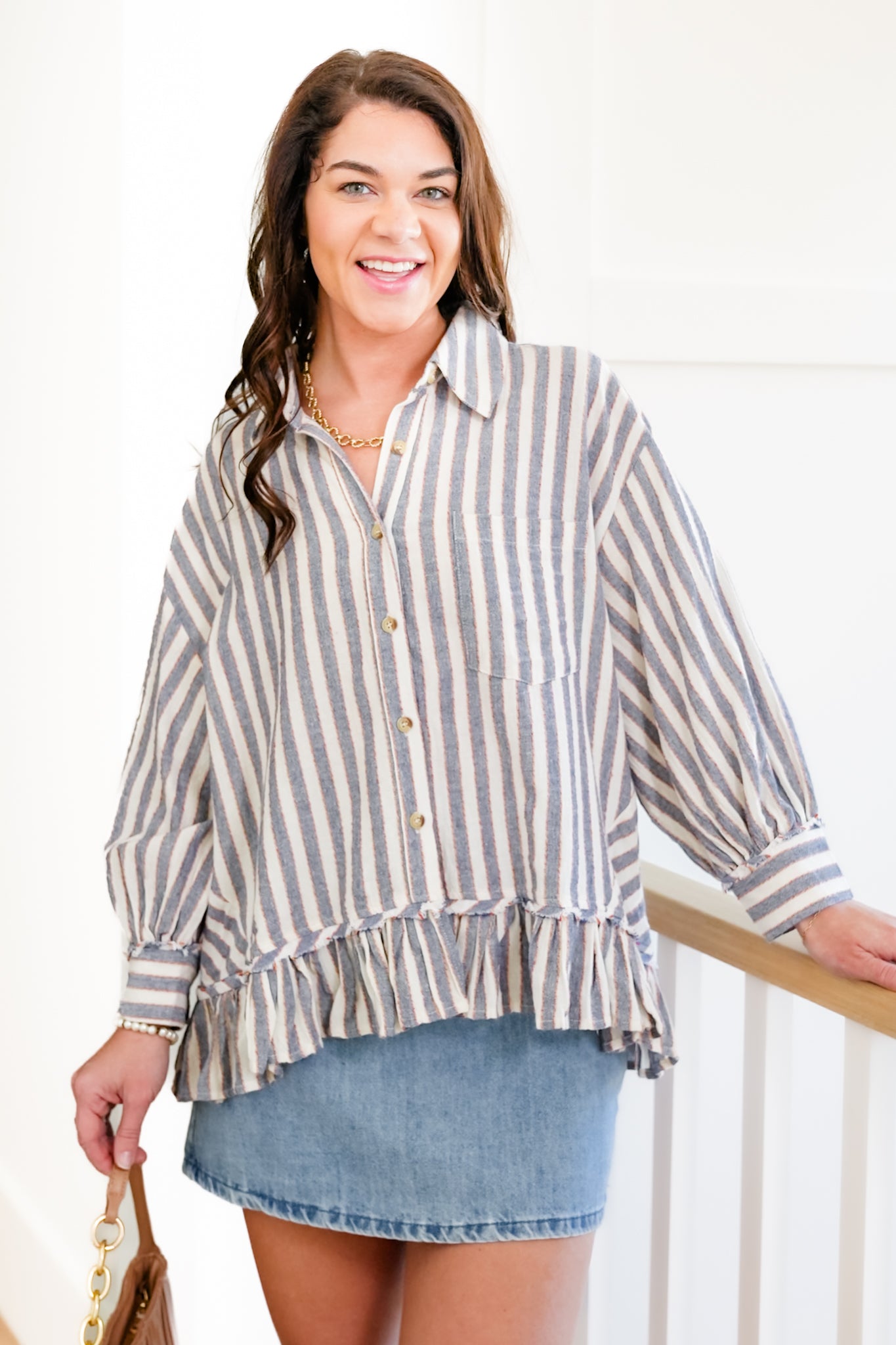 Striped 3/4 Sleeve Button Down Ruffle Top
