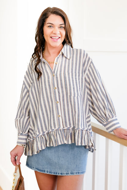 Striped 3/4 Sleeve Button Down Ruffle Top