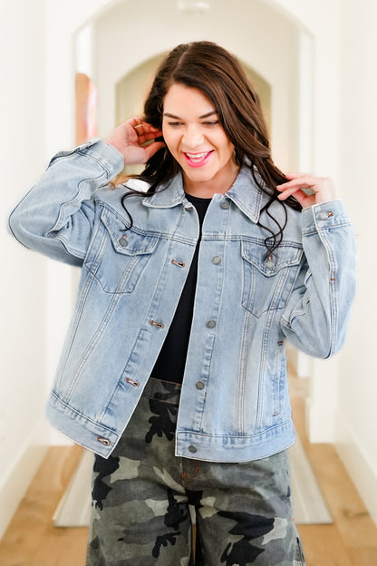 Medium Wash Long Sleeve Button Down Jacket with Patch Tiger Print