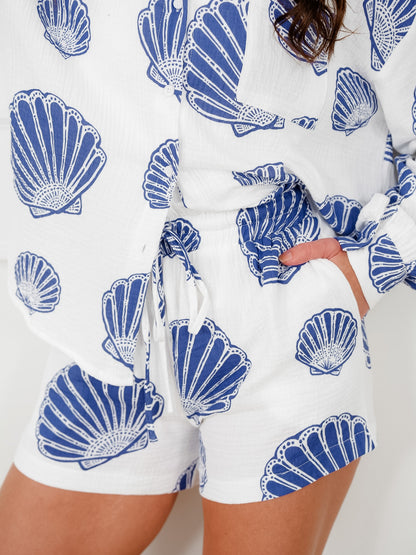 Seashell Print Long Sleeve Button Down Top and Shorts Set