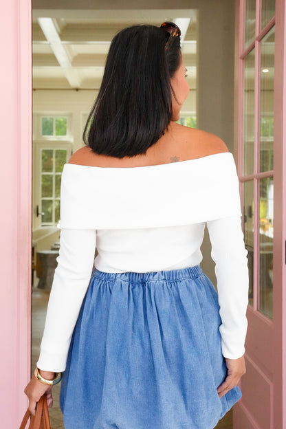 Ribbed Knit Long Sleeve Off Shoulder Top