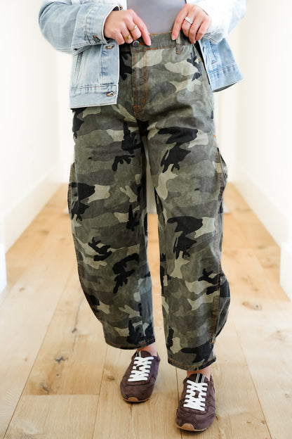 Camo Print High Waisted Barrel Pants