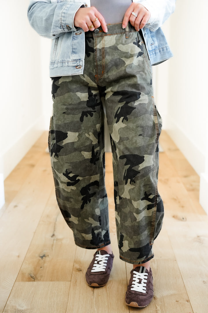 Camo Print High Waisted Barrel Pants