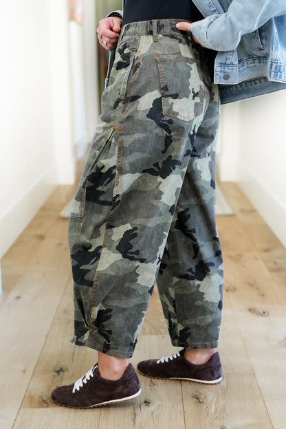 Camo Print High Waisted Barrel Pants