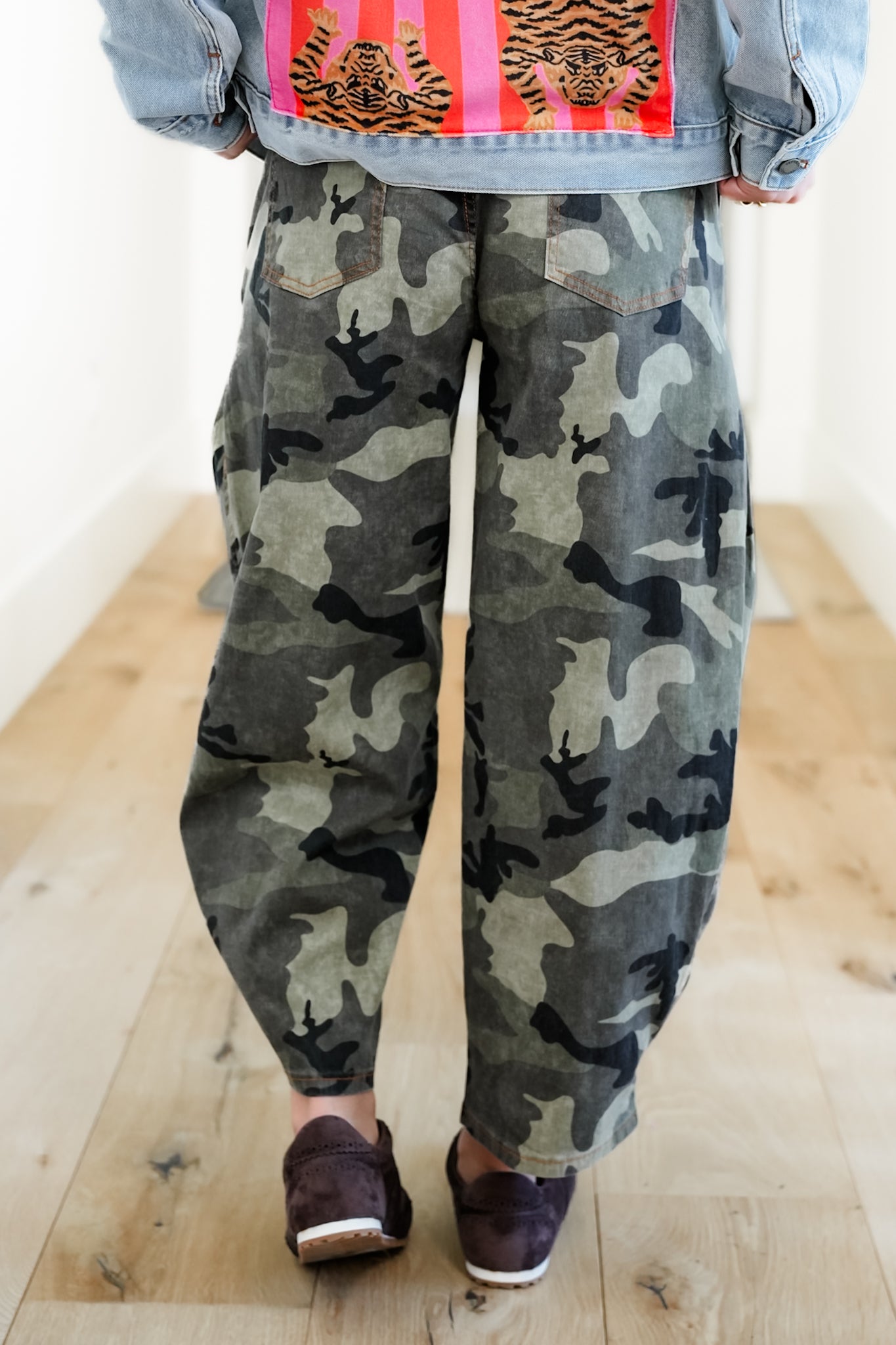 Camo Print High Waisted Barrel Pants