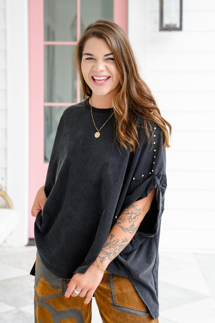 Washed Boxy High Low Top With Stud Detail