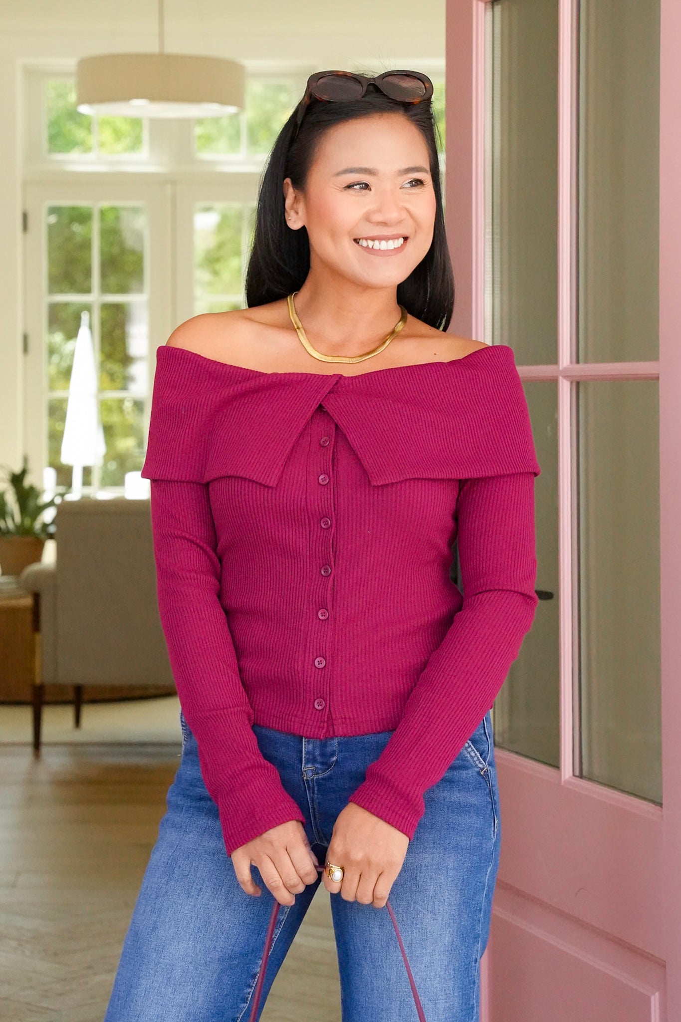 Ribbed Knit Long Sleeve Off Shoulder Top