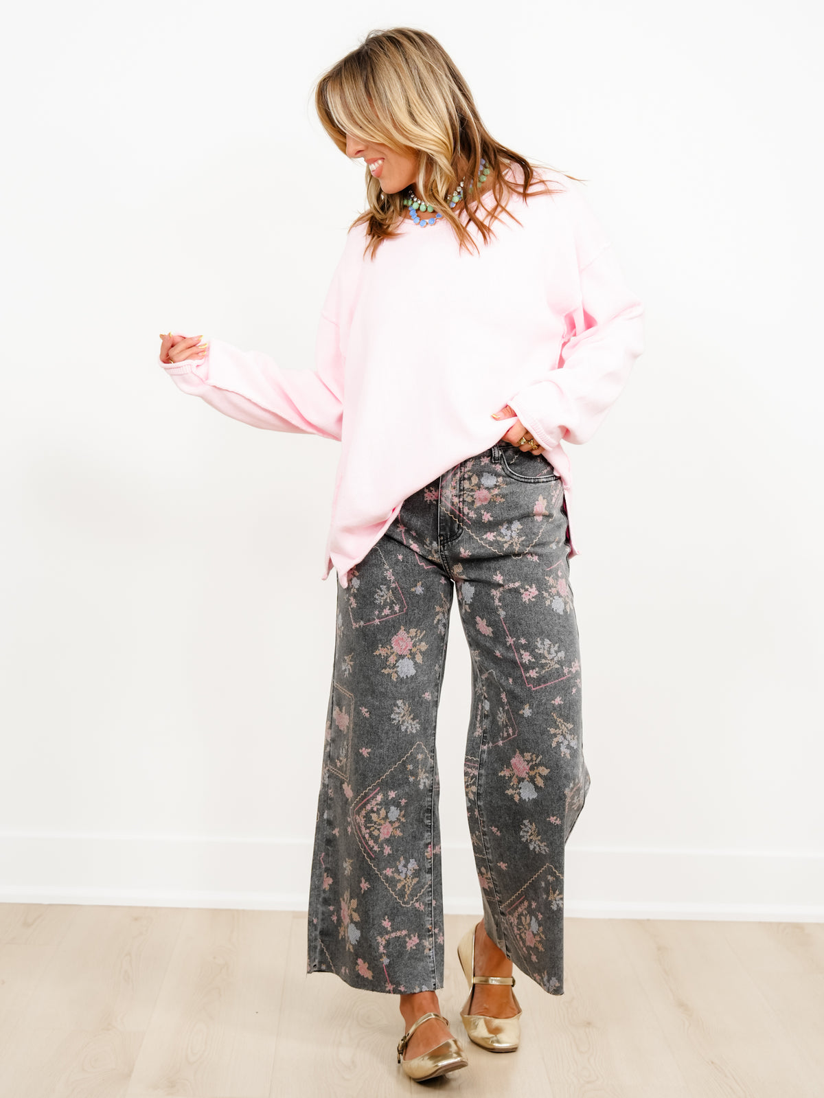 Plus/Reg Embroidery Print High Waist Wide Leg Cropped Pants