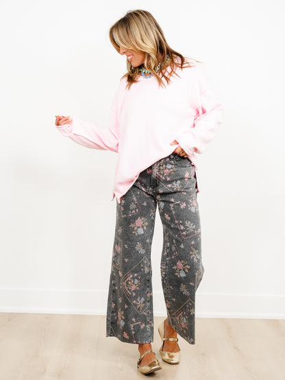 Plus/Reg Embroidery Print High Waist Wide Leg Cropped Pants