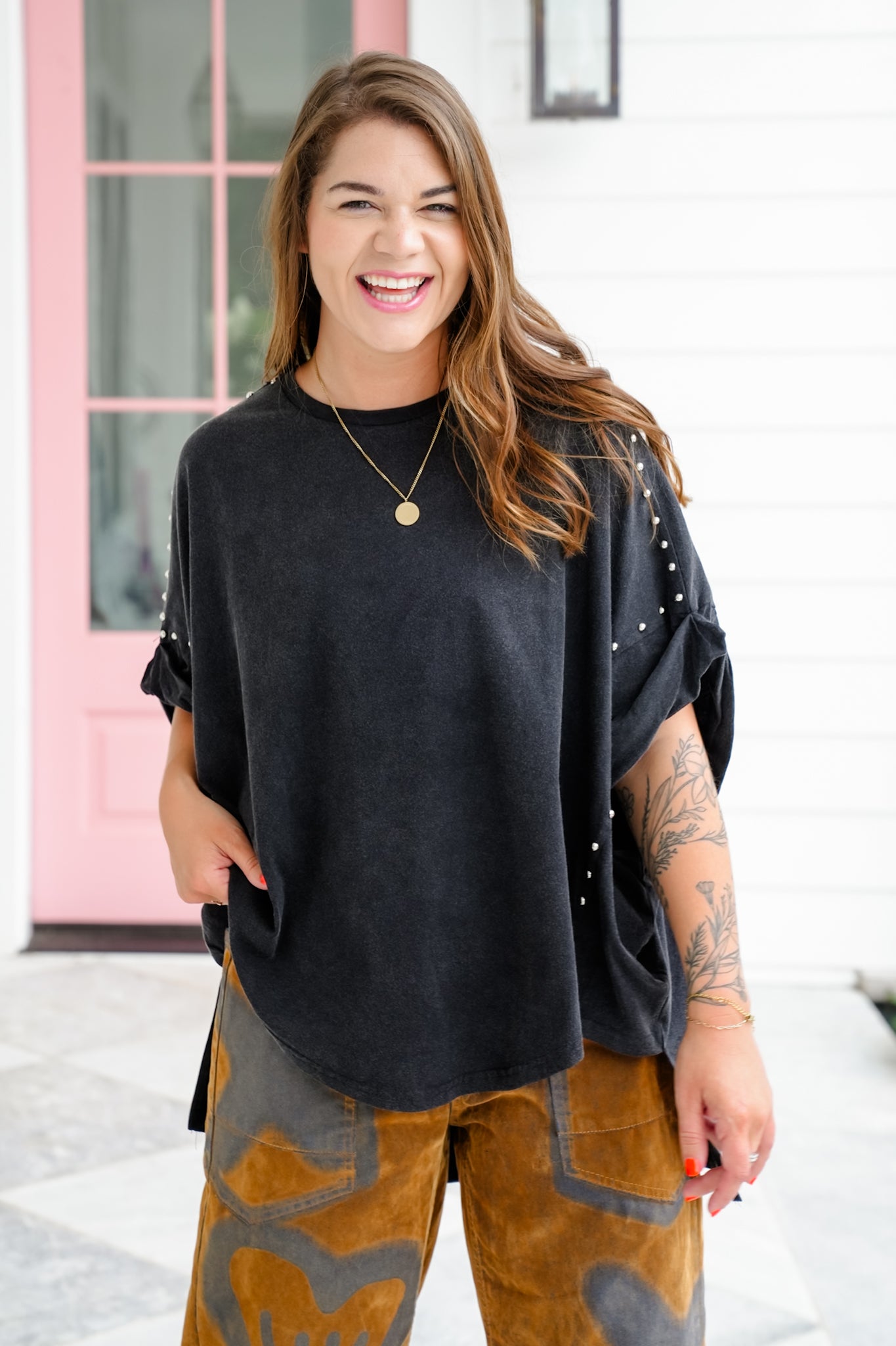 Washed Boxy High Low Top With Stud Detail