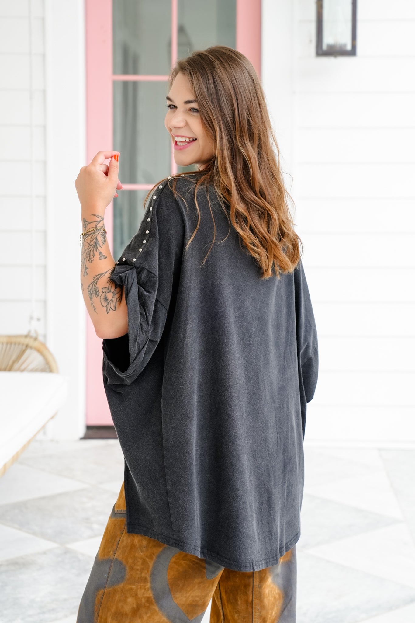 Washed Boxy High Low Top With Stud Detail