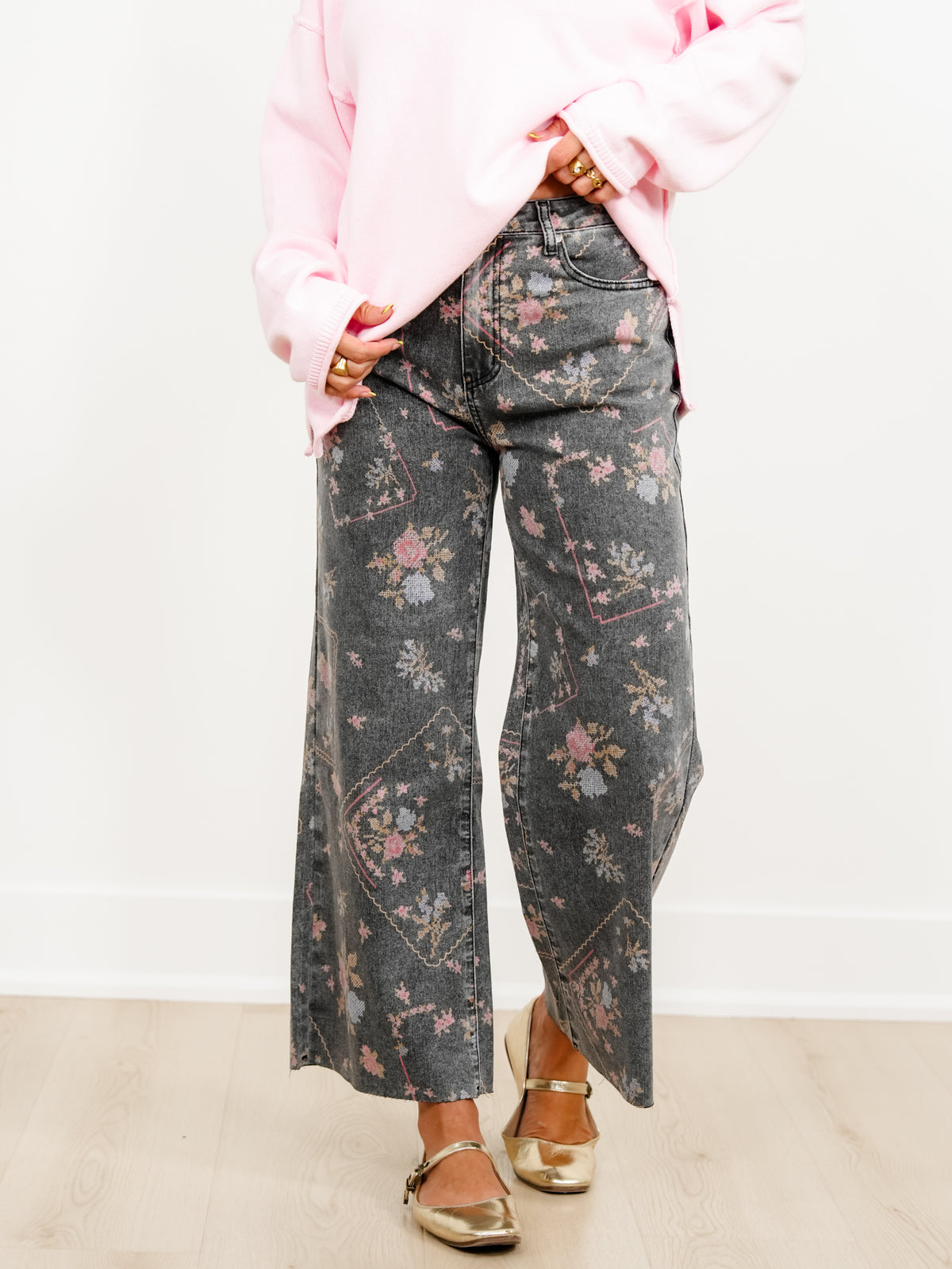 Plus/Reg Embroidery Print High Waist Wide Leg Cropped Pants