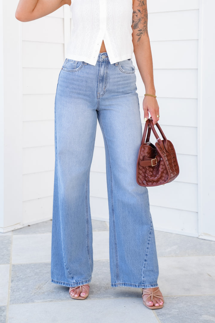 Cello High Rise Light Wash Wide Leg Jeans with Curved Side Seam