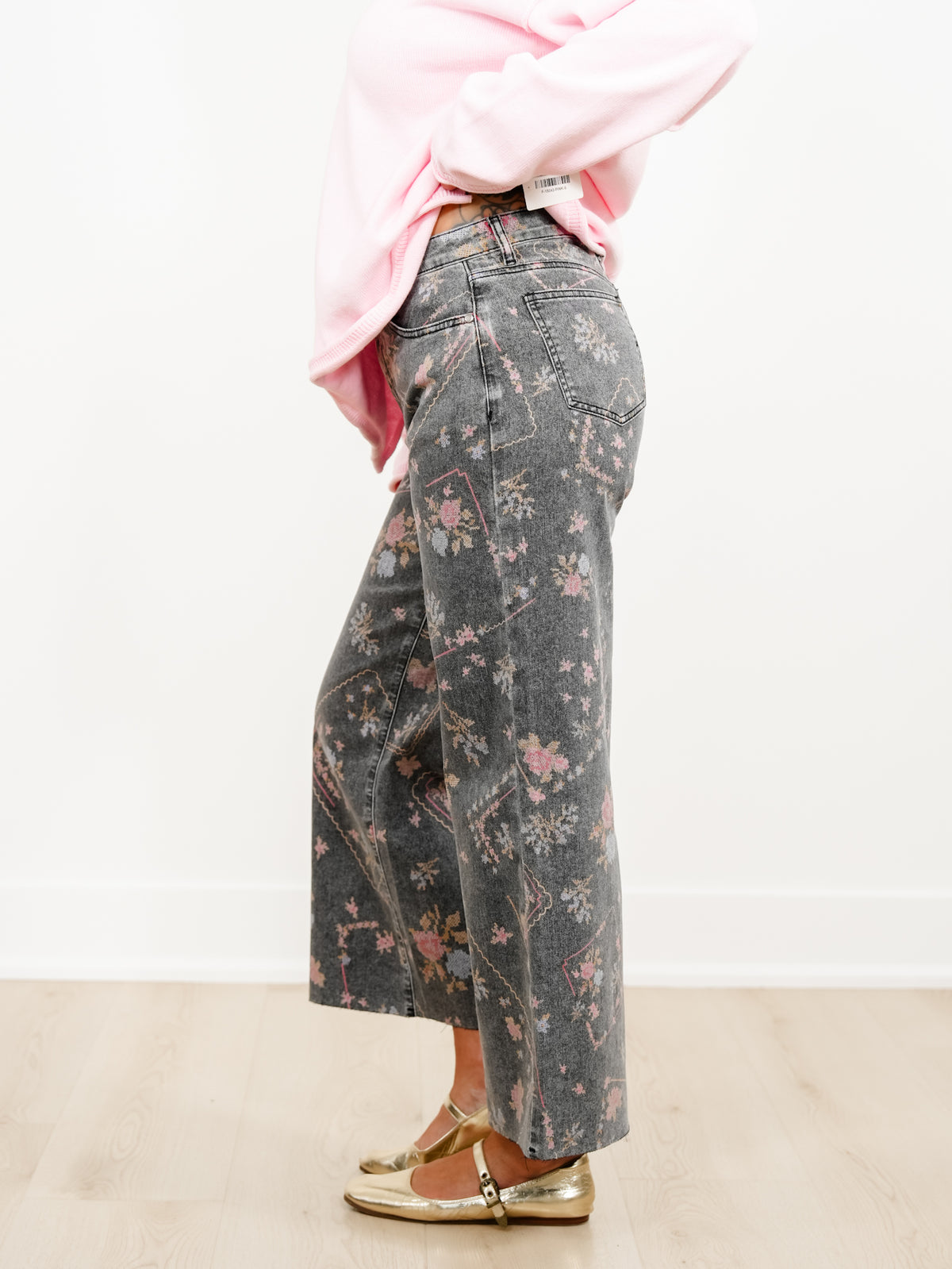 Plus/Reg Embroidery Print High Waist Wide Leg Cropped Pants