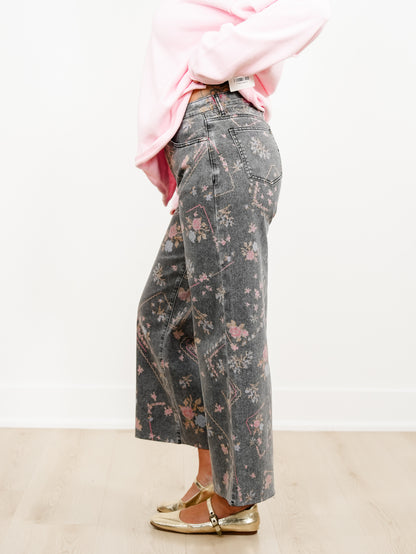 Plus/Reg Embroidery Print High Waist Wide Leg Cropped Pants