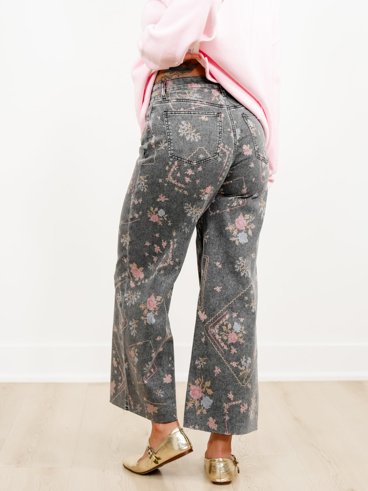 Plus/Reg Embroidery Print High Waist Wide Leg Cropped Pants