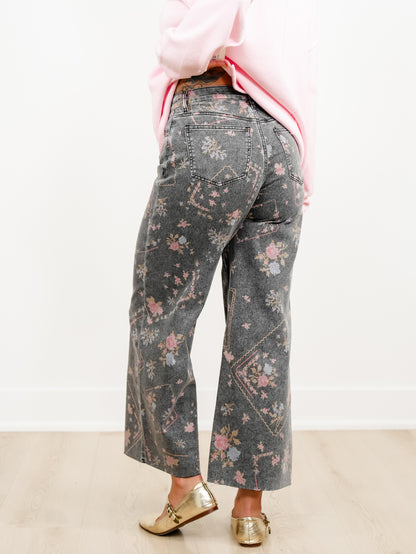 Plus/Reg Embroidery Print High Waist Wide Leg Cropped Pants