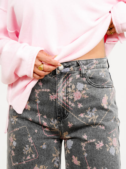 Plus/Reg Embroidery Print High Waist Wide Leg Cropped Pants