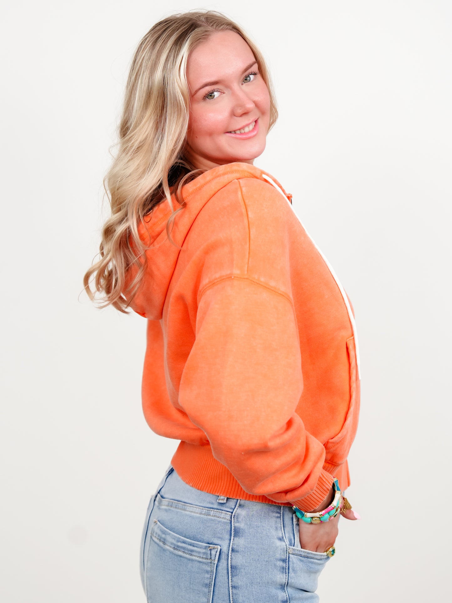 Door Buster! Zenana Acid Wash Fleece Cropped Zip Up Hoodie