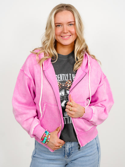 Door Buster! Zenana Acid Wash Fleece Cropped Zip Up Hoodie