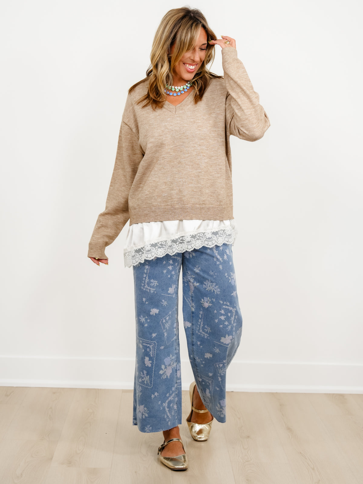 Plus/Reg Embroidery Print High Waist Wide Leg Cropped Pants