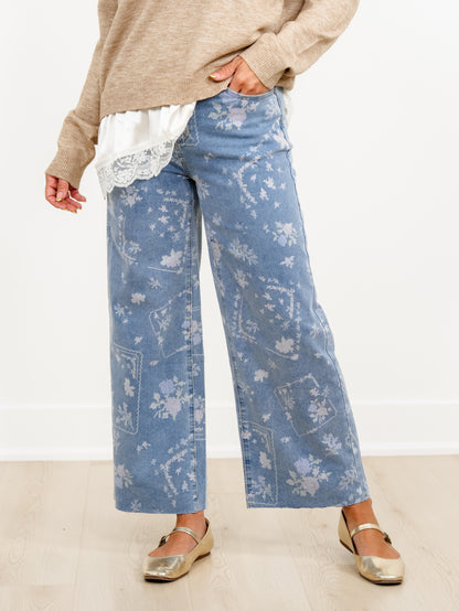 Plus/Reg Embroidery Print High Waist Wide Leg Cropped Pants