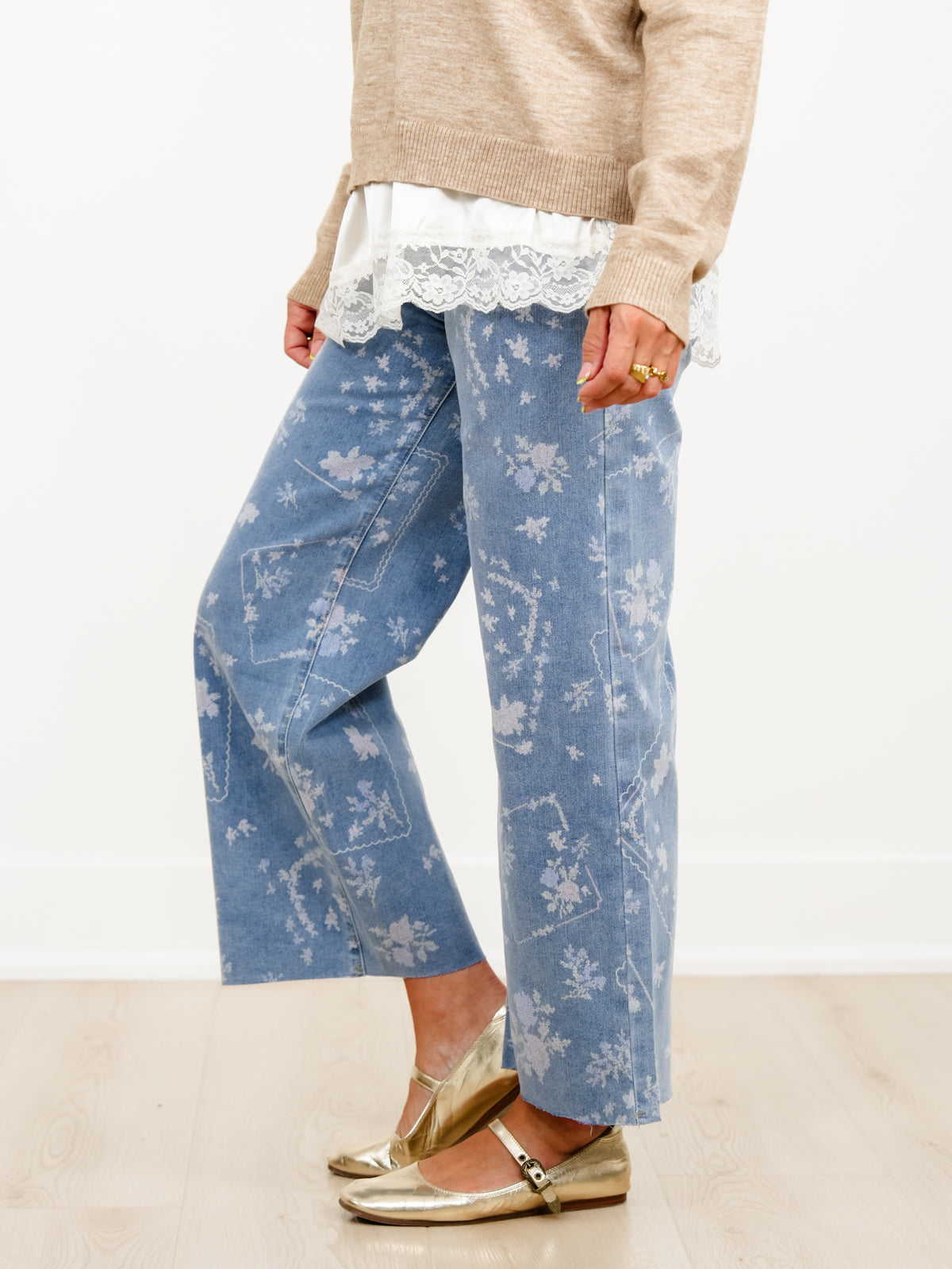 Plus/Reg Embroidery Print High Waist Wide Leg Cropped Pants