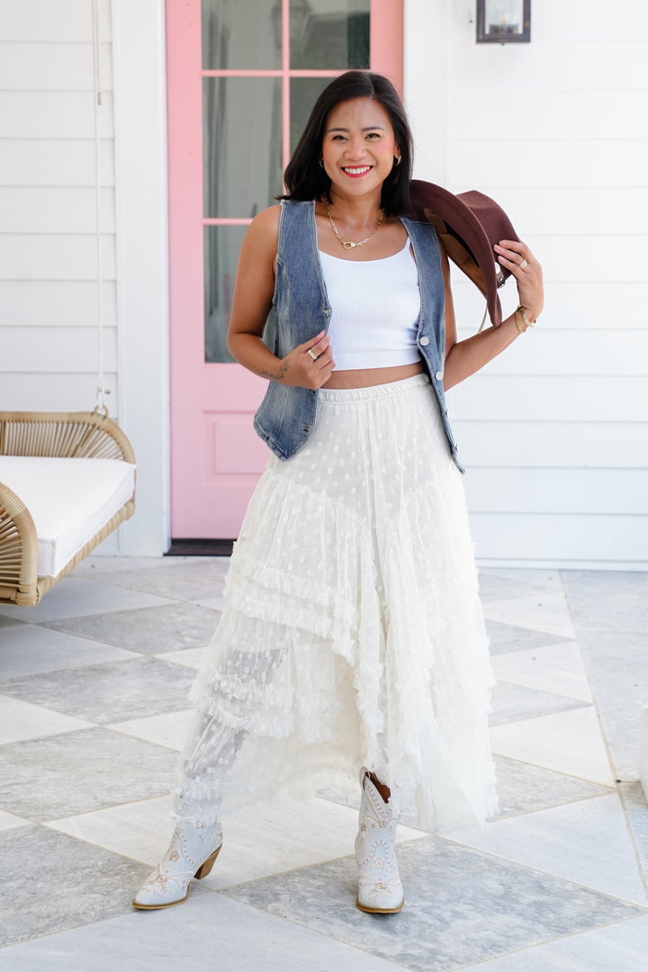 POL Floral Lace Elastic Waist Midi Skirt with Ruffle Detail