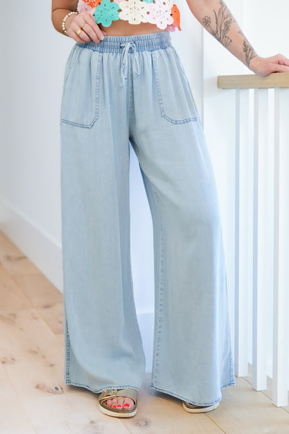 Light Wash Elastic Waist Palazzo Pants