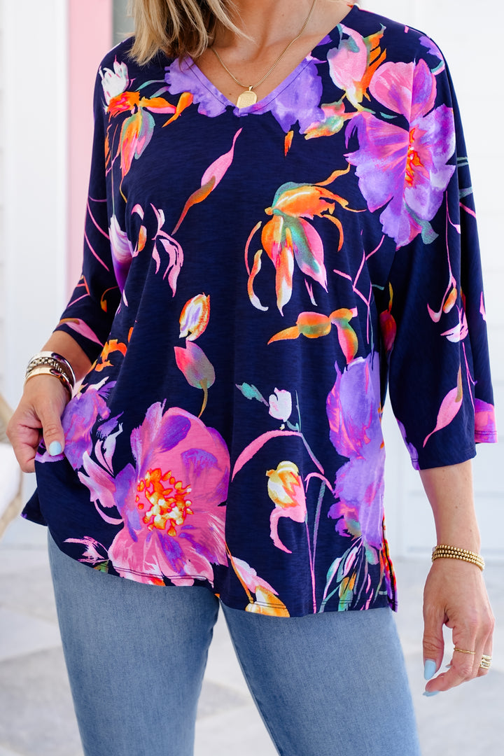 Plus/Reg Navy Floral Dolman Sleeve V Neck Top