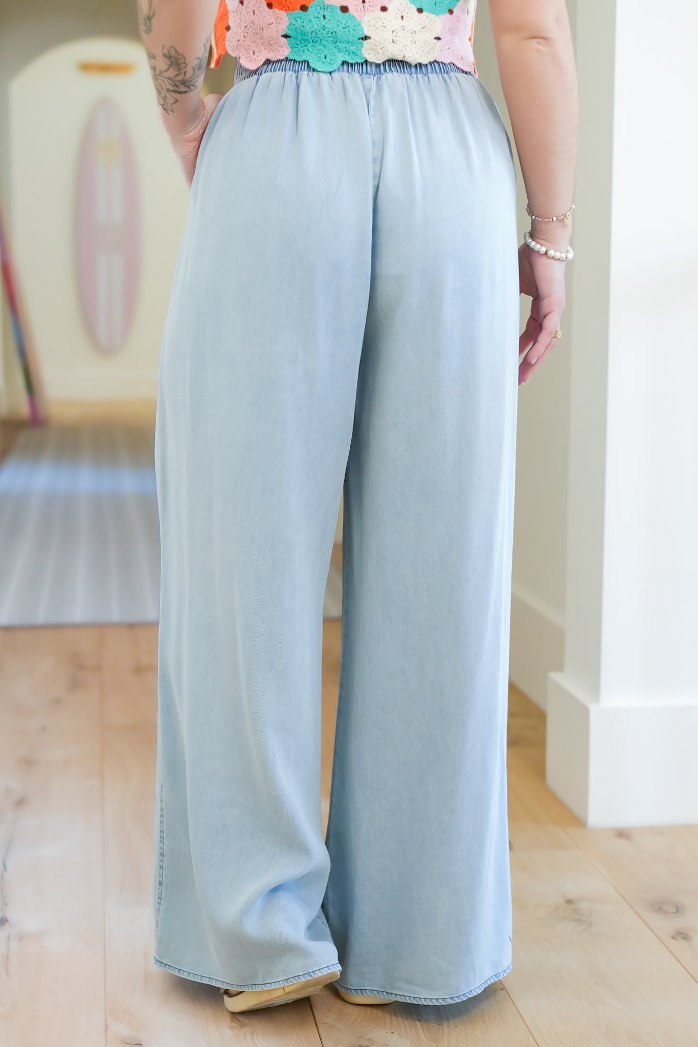 Light Wash Elastic Waist Palazzo Pants