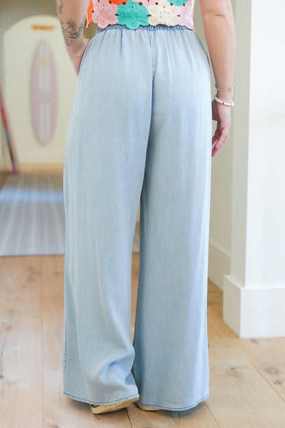Light Wash Elastic Waist Palazzo Pants
